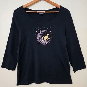 Karen Scott Moon Crescent Cat Rhinestone Top Sz XL Black Celestial Long Sleeve